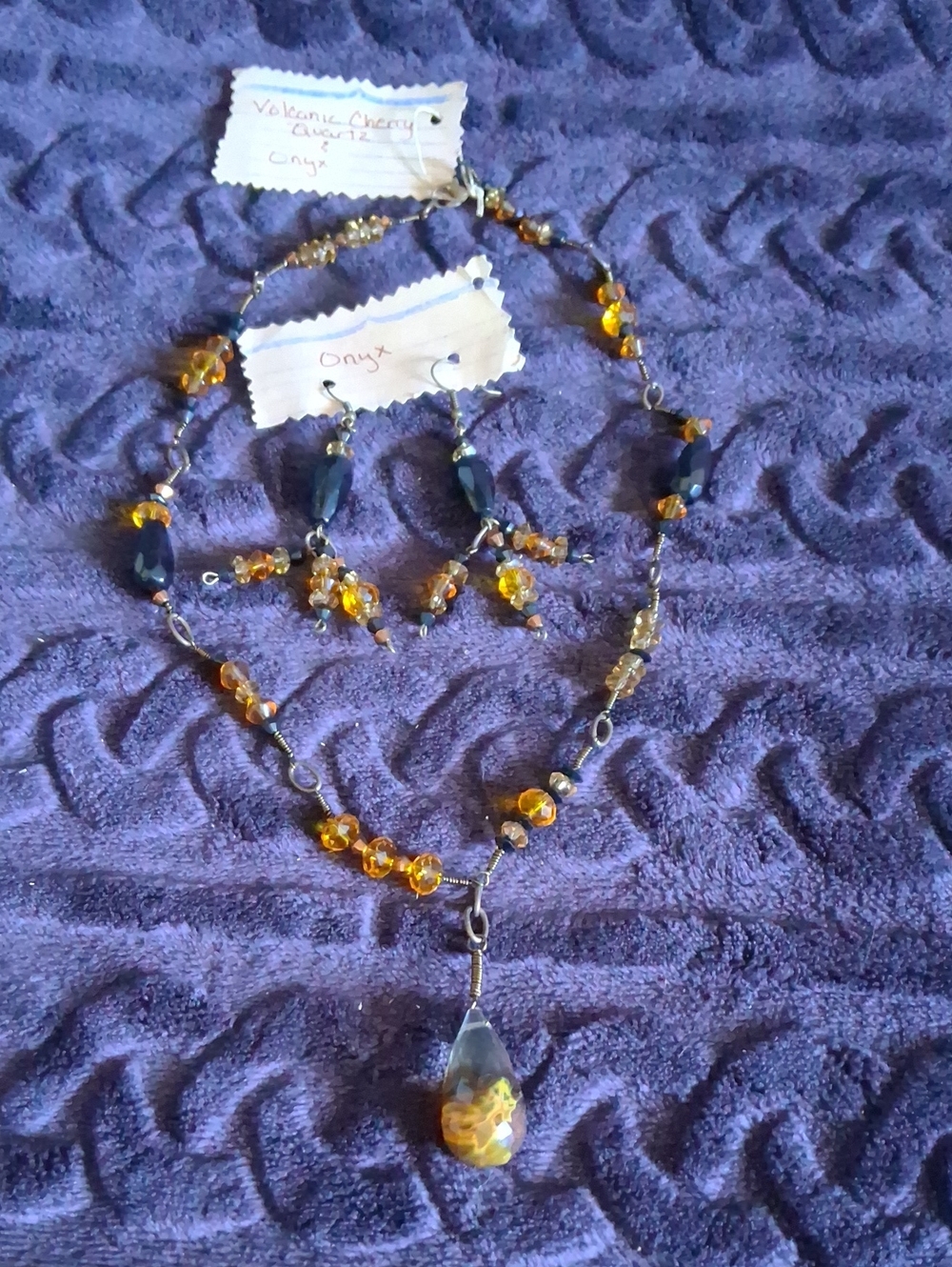 Handcrafted Volcanic Cherry Quartz And Onyx Necklace with Matching Earrings